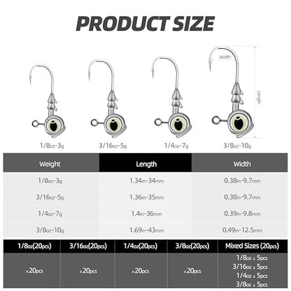 Glow Eye Jig Head, 20pcs Jig Heads Fishing Hooks with Luminous Eyes, 4 Sizes Assorted, Sharp Hook for Soft Lures, Saltwater & Freshwater Fishing - size: Mixed Size