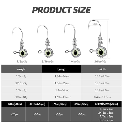 Glow Eye Jig Head, 20pcs Jig Heads Fishing Hooks with Luminous Eyes, 4 Sizes Assorted, Sharp Hook for Soft Lures, Saltwater & Freshwater Fishing - size: 3/8oz