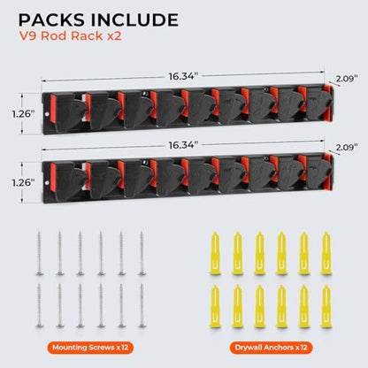 KastKing GravityLock V9 Vertical Fishing Rod Holder, 2-Pack Wall Mounted Fishing Rod Rack, Holds Up to 18 Fishing Rods or Combos, Heavy-Duty Grip, One size Fits Most, Fishing Rod Holders for Garage - style: C:V9 (Store 18 Combos) – 2 Packs