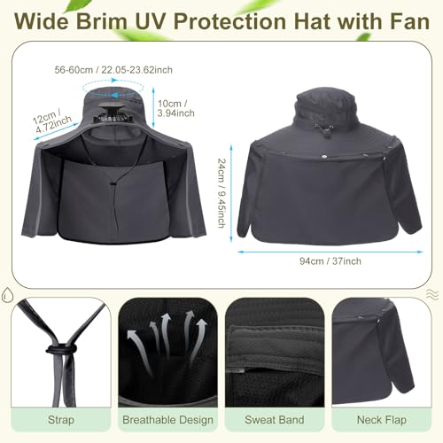 Maiteenly 2 Pcs Solar Fan Hat for Men with Neck Flap Bucket Fan Buit in Hats for Hiking Fishing Outdoor USB and Solar Powered - color: Gray,black