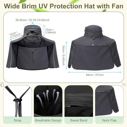 Maiteenly 2 Pcs Solar Fan Hat for Men with Neck Flap Bucket Fan Buit in Hats for Hiking Fishing Outdoor USB and Solar Powered - color: Gray,black