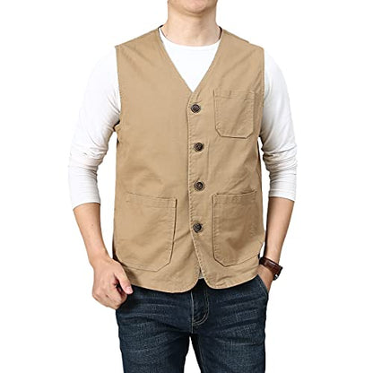 PRIJOUHE Men's Casual Outdoor Cotton Vest Lightweight Breathable Multi-Pocket Fishing Safari Travel Vests Outwear - color: 02-khaki, size: X-Large