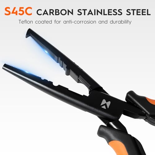 BasicGear Heavy-Duty Fishing Pliers - 7" S45C Carbon Steel Head with Teflon Coating, External Spring & Steel-Core Lanyard - color: S45c Carbon Steel