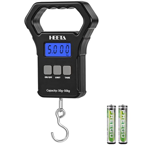 HEETA Fish Scale 110lb/50kg Digital Hanging Fishing Luggage Weight Scale | Portable with Backlit LCD Display, Hook & Non-Slip Large ABS Handle, Fishing Gifts Gear for Men, 2 AAA Batteries Included - color: Black