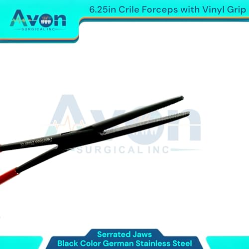 1 Piece Multi-Purpose Hemostat Pliers Forceps, 6.25in, with Vinyl Red Grip, Serrated Jaws - Black - Stainless Steel - for Fishing, Electronics, Crafts, and More.