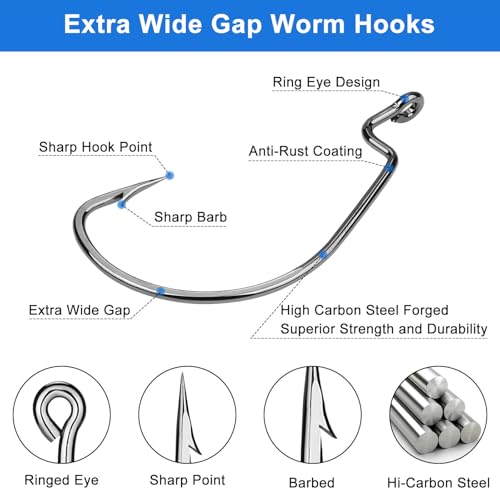 210 Pcs Fishing Hooks, Worm Hooks for Bass Fishing, Ewg Hooks for Soft Plastic Baits in Saltwater or Freshwater #8#6#4#2#1 1/0 2/0 3/0 4/0 5/0