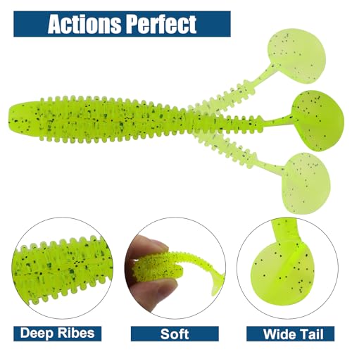 Paddle Tail Swimbaits, 2.5 inch/3inch Soft Lures Fishing Trout Crappie Bass for Freshwater and Saltwater 75PCS/60PCS - color: Chartreuse Translucent, size: 3 inch, 60 PCs