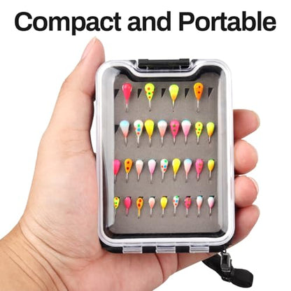 Tungsten Ice Fishing Jigs Lures with Ultra Sharp Hooks for Panfish, Perch, Trout in Winter - Ideal Fishing Gift Set, 30PCS Assorted Jigs in Storage Box