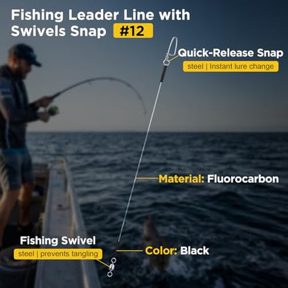 DONQL 15PCS Fluorocarbon Fishing Leaders with Swivel Snaps Connects Lures Bait or Hooks Wire Leaders Line for Saltwater Freshwater Ideal for Bass, Trout, Pike - size: #12 30cm/11.81inch Endurance: 16lb