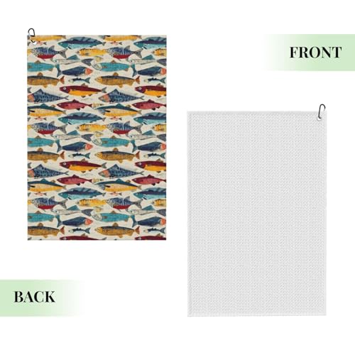Vibrant Multicolor Fish Print Golf Towel, Microfiber Golf Towels for Bags with Carabiner Clip 16 x 24 inches, Men Womens Golfs Accessories