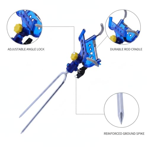 Blue Fishing Rod Holder with Metal Ground Spike, Adjustable Rotating Head for Sand and Soil, Portable Beach and Riverbank Stake
