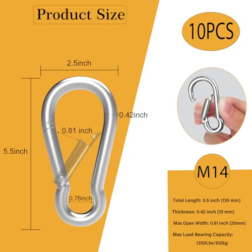 Heavy-Duty Carabiner Clip 1.57"–5.5", Black/Silver Spring Snap Hook, Quick Link Keychain Clip for Keys, Swing Set, Camping, Fishing, Hiking & Traveling (120–1350 lbs) - color: Silver, size: 5.5Inch(M14)-10PCS