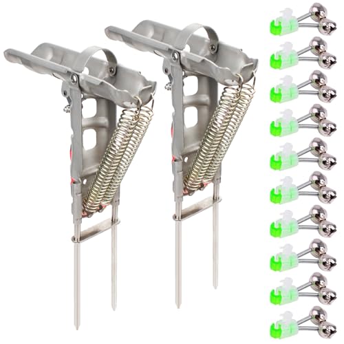 2 Pack Upgraded Automatic Spring Fishing Rod Holder with 10 Fishing Bells | Heavy-Duty Ground Stand for Saltwater/Freshwater, Fits Any Size Fish
