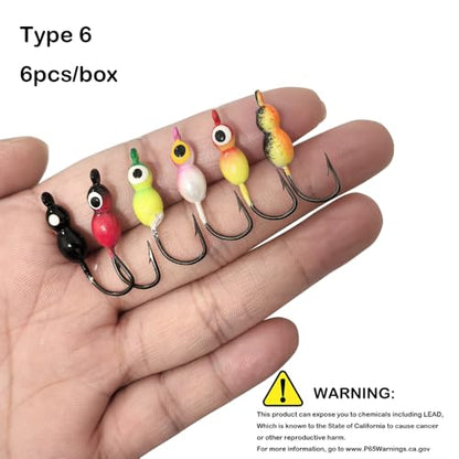 Ice Fishing Jigs Glow Fishing Bait Jigging Hook Kit Winter Metal Hooks for Crappie, Panfish, Walleye, Bluegills and Other Species - style: Style6-6pcs