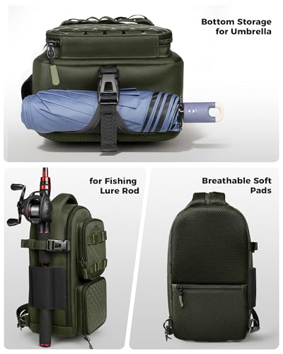 MATEIN Fishing Sling Bag with Phone Pouch, 3600 Tackle Box Backpack | Tackle Bag with Removable Bait Binder, Fishing Bag with Lure Rod Holder, Cooler Compartment, Waterproof, Women Fishing Gifts - color: Olive Green