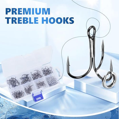 UCEC Fishing Hooks Treble Hooks Kit for Saltwater Freshwater, High Carbon Steel Strong Sharp Round Bend for Catfish Trout Hard Baits Lures, Size #1#2#4#6#8#10#12#14 110/50/210 Pack with Split Rings - style: 100pcs Split Rings & 110pcs Silver Hooks, #1 #2