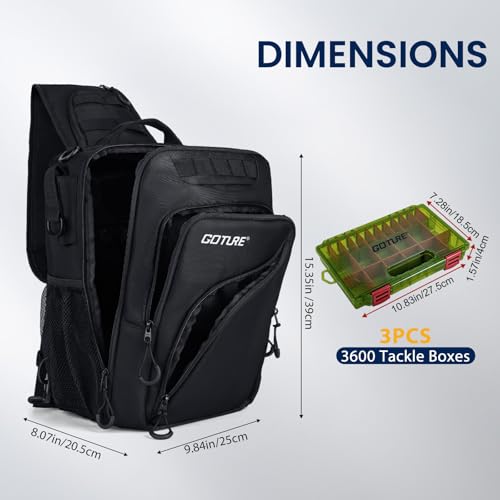 Goture Black Fishing Bag with Tackle Boxes, Crossbody Sling Tackle Backpack for Men, 20L Large Capacity Fits 3600 Trays, Durable Fishing Gear Storage, Best Fishing Gifts for Anglers - color: Black, style: 1680d Double-strand Pu Backpack + (3)3600 Trays