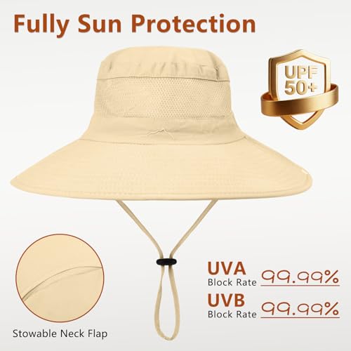 ZOORON Sun Hats for Men Women Fishing Hat with Neck Flap,UPF 50+ Sun Hat Waterproof Wide Brim Bucket Hats for Safari Hiking - color: 1-beige-arm Sleeves