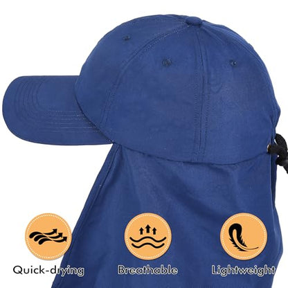 Tirrinia Wide Brim Sun Hat with Neck Flap for Men & Women, Breathable Hiking Fishing Safari Hat, Outdoor UV Protection Cap - color: Navy