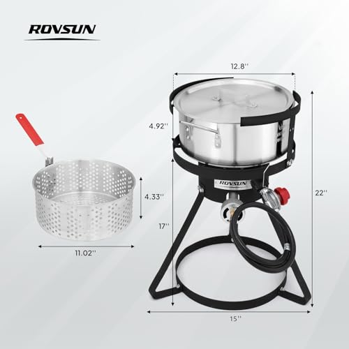ROVSUN 10Qt Aluminum Fish Fryer Pot with Strainer Basket, Outdoor Fryer with 55,000 BTU Propane Gas Burner, Thermometer & Lid for Fish, Chicken Wings, Seafood Frying & Backyard Cooking - size: 10QT