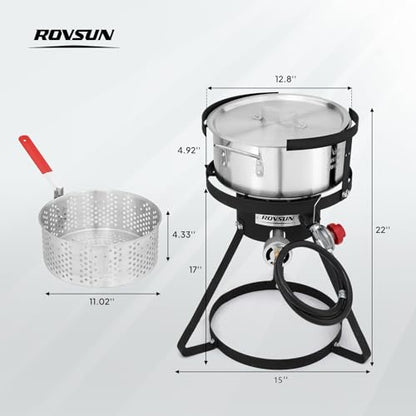ROVSUN 10Qt Aluminum Fish Fryer Pot with Strainer Basket, Outdoor Fryer with 55,000 BTU Propane Gas Burner, Thermometer & Lid for Fish, Chicken Wings, Seafood Frying & Backyard Cooking - size: 10QT