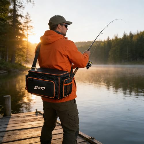 Fishing Tackle Box, Waterproof Tackle Trays for Saltwater & Freshwater - Fishing Gear Shoulder Bag For Men (Tackle Boxes Not Included) - color: Black Orange