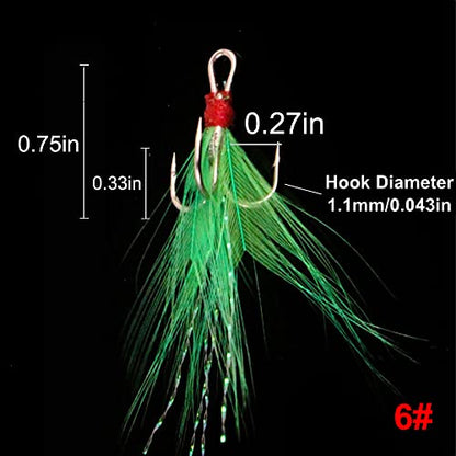 20Pcs Treble Fishing Hooks with Feather Size Stainless Steel Barbed Sharp Triple Fishhook with Box for Saltwater Freshwater - color: 20pcs-Green Feather, size: 8#