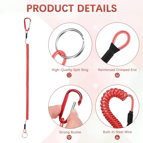 16.54IN Retractable Safety Coiled Lanyard [3PCS] - Steel Wire Fishing Rod Safety Lanyard Use for Pliers Boating - color: Red