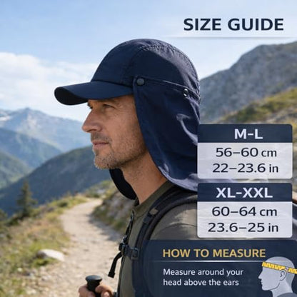 Mens L/XL/XXL Sun Hat with Removable Neck Flap UPF 50+ Fishing Hat Waterproof Quick Dry Breathable Baseball Cap for Cycling - color: Navy Blue, size: X-Large-XX-Large