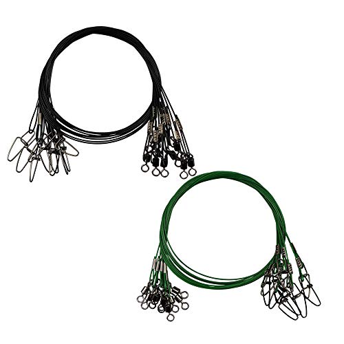 20pcs Fishing Wire Leaders Heavy Duty Fishing Stainless Steel Wire Leaders 150LB High Strength Fishing Leaders with Swivels and Snaps Black/Red/Green - color: Black/Green Leader