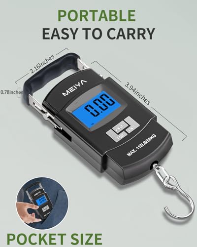 MEIYA Fish Scale 110lb/50kg Digital Fishing Scale with Backlit LCD, Portable Handle, Stainless Steel Hook & 2 AAA Batteries – Great Fishing Gifts for Men