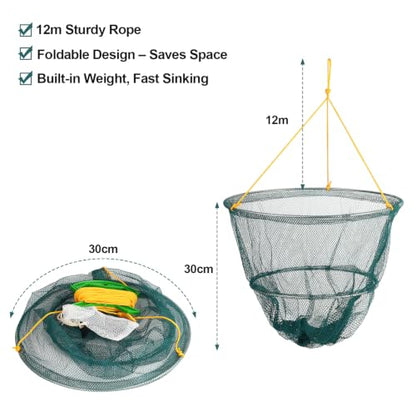 DONQL Double Ring Crab Trap, Small Collapsible Crab Nets with 39ft Rope, Built‑in Weight, Bait Bag, Ruler, Portable Crabbing Equipment Pots for Dock & Pier Crabbing Blue Crabs Dungeness Rock