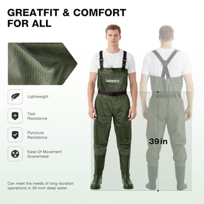Lekesky Fly Fishing Chest Waders with Boots for Men Women, US Sizes 5–14,2-Ply Nylon/Pvc Waterproof Waders - color: Green, size: M9/W11