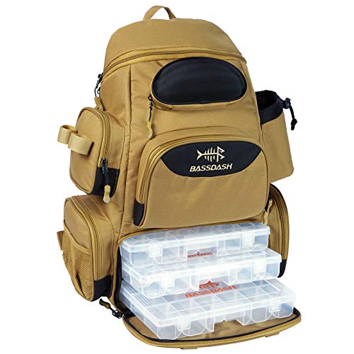 BASSDASH Fishing Tackle Backpack Water Resistant Tactical Bag Soft Tackle Box with Rod Holder and Protective Rain Cover - color: British Khaki Backpack [3600] With 3 Trays