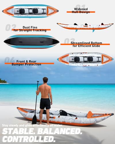 2 Person Inflatable Kayak Tandem Fishing Kayak for Adults, Portable Touring Kayak Canoe with Dual Floats, Drop-Stitch Floor and Fish Measuring Ruler, 12.5 FT - style: Standard