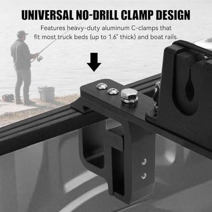 JERBOR Upgraded Truck Bed Fishing Rod Holder, 6-Rod Aluminum Universal Mount with Secure C-Clamp, Horizontally/Vertically No-Drill Installation Fit for Most Pickups Truck Bed & Boats