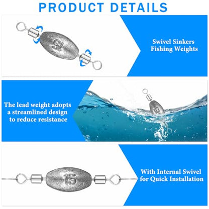 MorningRo 24/40 Pcs Fishing Trolling Weights Sinker Lead Fishing Inline Weights Egg Sinkers with Inner Swivels Saltwater Freshwater Gear Catfish Bass 1/4oz, 1/2oz 3/4oz,1oz, Mixed Size - color: 5 Size