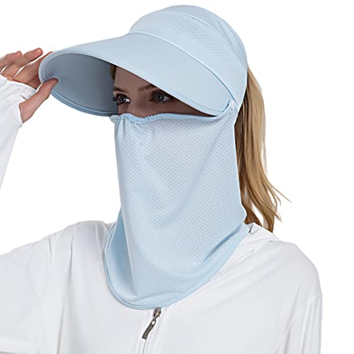Women Wide Brim Face Mask Sun Hat Detachable Neck Face Flap Ponytail UV Protection Visor Hat Garden Fishing Hiking - color: Bg8094-lightblue