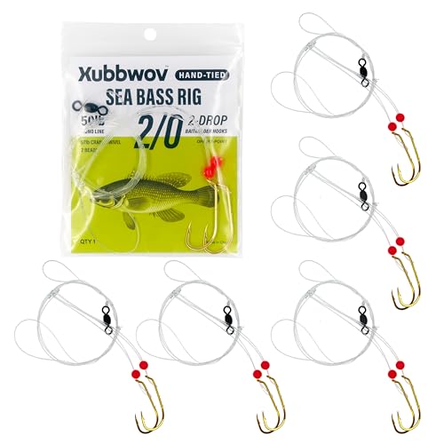 Sea Bass Rigs, Hand-Tied 6-Pack Hi-Lo Saltwater Fishing Rigs with 2/0 & 3/0 Gold Baitholder Hooks, 50lb Mono Leader, Sinker Loop & 97lb Swivel for Porgy, Fluke, Tautog and Bottom Fishing - size: 2/0 Baitholder