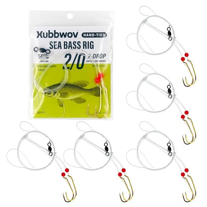 Sea Bass Rigs, Hand-Tied 6-Pack Hi-Lo Saltwater Fishing Rigs with 2/0 & 3/0 Gold Baitholder Hooks, 50lb Mono Leader, Sinker Loop & 97lb Swivel for Porgy, Fluke, Tautog and Bottom Fishing - size: 2/0 Baitholder