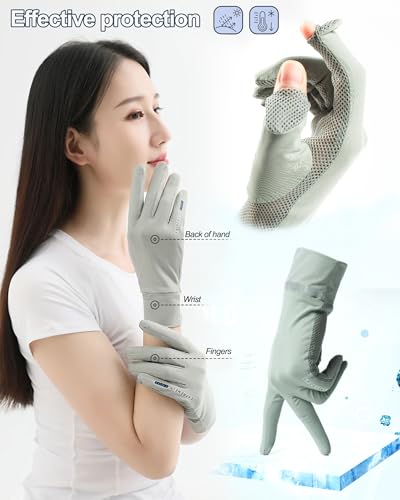 Women Sun Gloves UPF 50+ UV-Protection, Summer 2-Fingers-Flip Thin Ice-Silk Breathable Mesh Cooling Running Gloves - color: Grey
