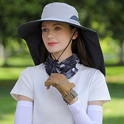 HUAMULAN Women Large Brim Sun Hat with Neck Flap, Men Quick Dry Hiking Fishing Safari Hat UPF 50+ - color: Hyp011-qianhui