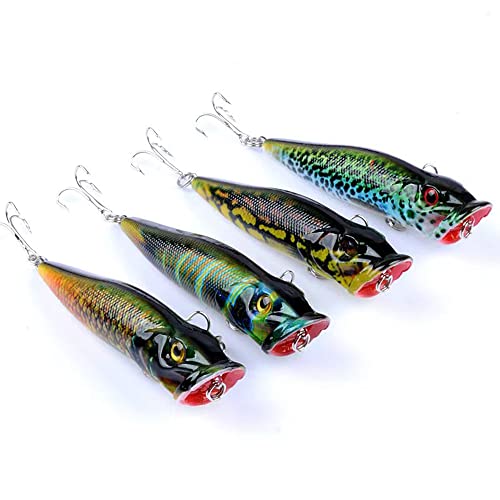4 Pack Topwater Popper Fishing Lure, Realistic Popper Bait with 3D Painted Design,Hard Lure for Bass,Trout,Pike in Freshwater Saltwater 050