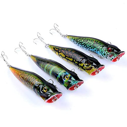 4 Pack Topwater Popper Fishing Lure, Realistic Popper Bait with 3D Painted Design,Hard Lure for Bass,Trout,Pike in Freshwater Saltwater 050