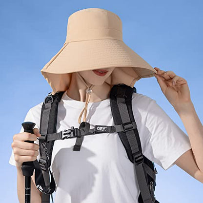 HUAMULAN Men Summer Sun Hat Women Safari Wide Brim Fishing Hats UV Protection Neck Flap Bucket Gardening Hiking Hunting Cap - color: Bg8112-kakhi