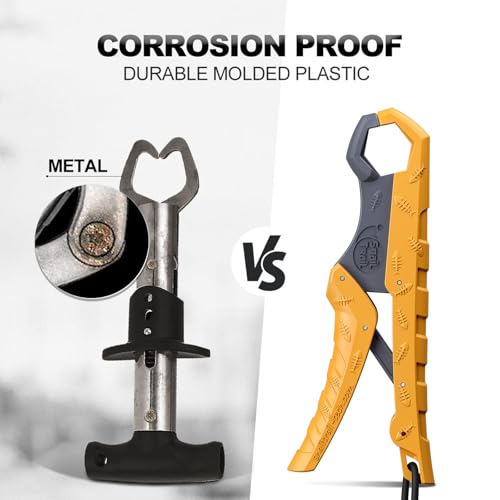 SNAIL TRAIL 7.5'' Floating Fish Gripper, Fishing Grabber | Catfish Mouth Pliers, Caught Bass Holder, Fish Scale Hook Clamp, Saltwater Lip Grip Tool with Lanyard, Gifts for Men - color: Yellow-gray