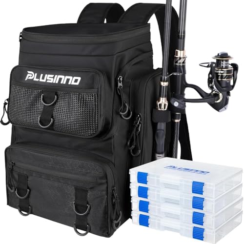 PLUSINNO Fishing Tackle Backpack with Rod Holders，42L Water-resistant Fishing Bag Store Fishing Gear,Fish Gifts For Men. - color: Black With Tackle Boxes