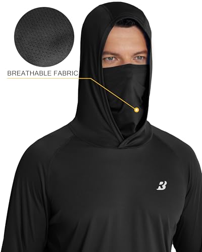 Roadbox Men's UPF 50+ Hooded Fishing Shirts Long Sleeve Sun Protection Hoodie, Hiking Running Swimming Rash Guard with Mask - color: Black, size: Small
