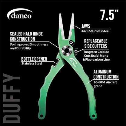 danco duffy 7.5-inch Fishing Pliers with Replaceable Line Cutters, Aircraft Grade Aluminum Fishing Gear, Saltwater Resistant Fishing Tools, Rubberized Paint Coating (Emerald) - color: Emerald