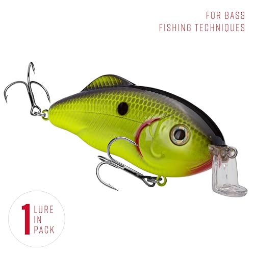 Strike King Hybrid Hunter Shallow Jr. Fishing Lure, Shallow Diving Crankbait, 90-Degree Bill, 3D Eyes, Loud Rattle, Dives 1 to 3-Feet,Size 4 & 6 Treble Hooks - color: Chartreuse with Black Back, size: 1 oz